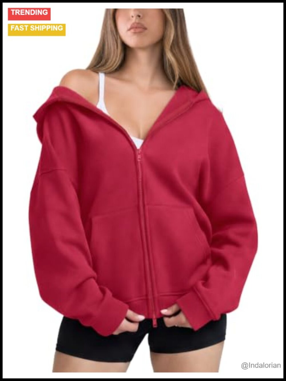 Oversized Zip Up Hoodie Soft Fleece Two-Way Zipper Jacket with Pockets